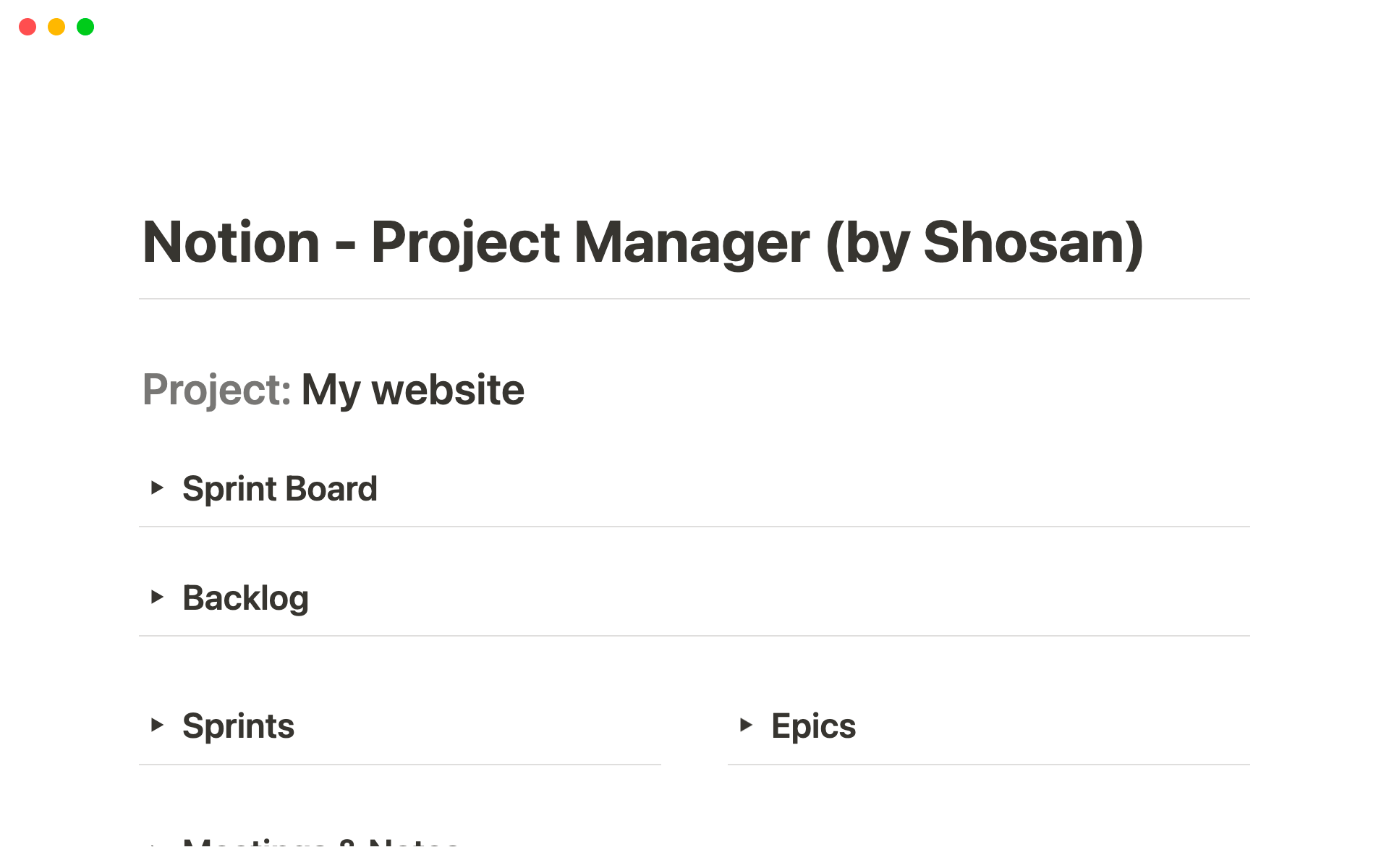 A template preview for Notion Project Manager (by Shosan)