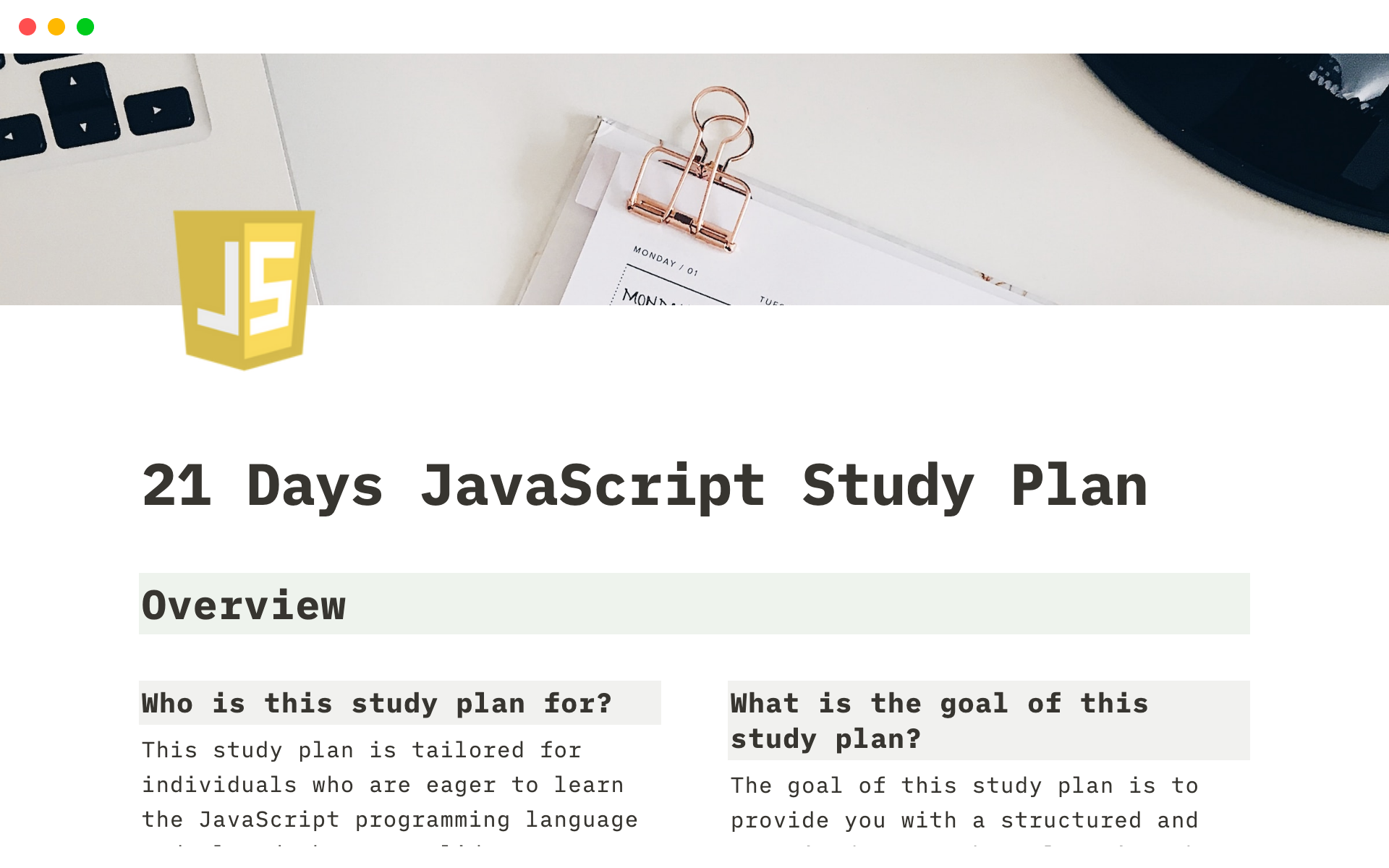 A template preview for 21 Day JavaScript Study Plan