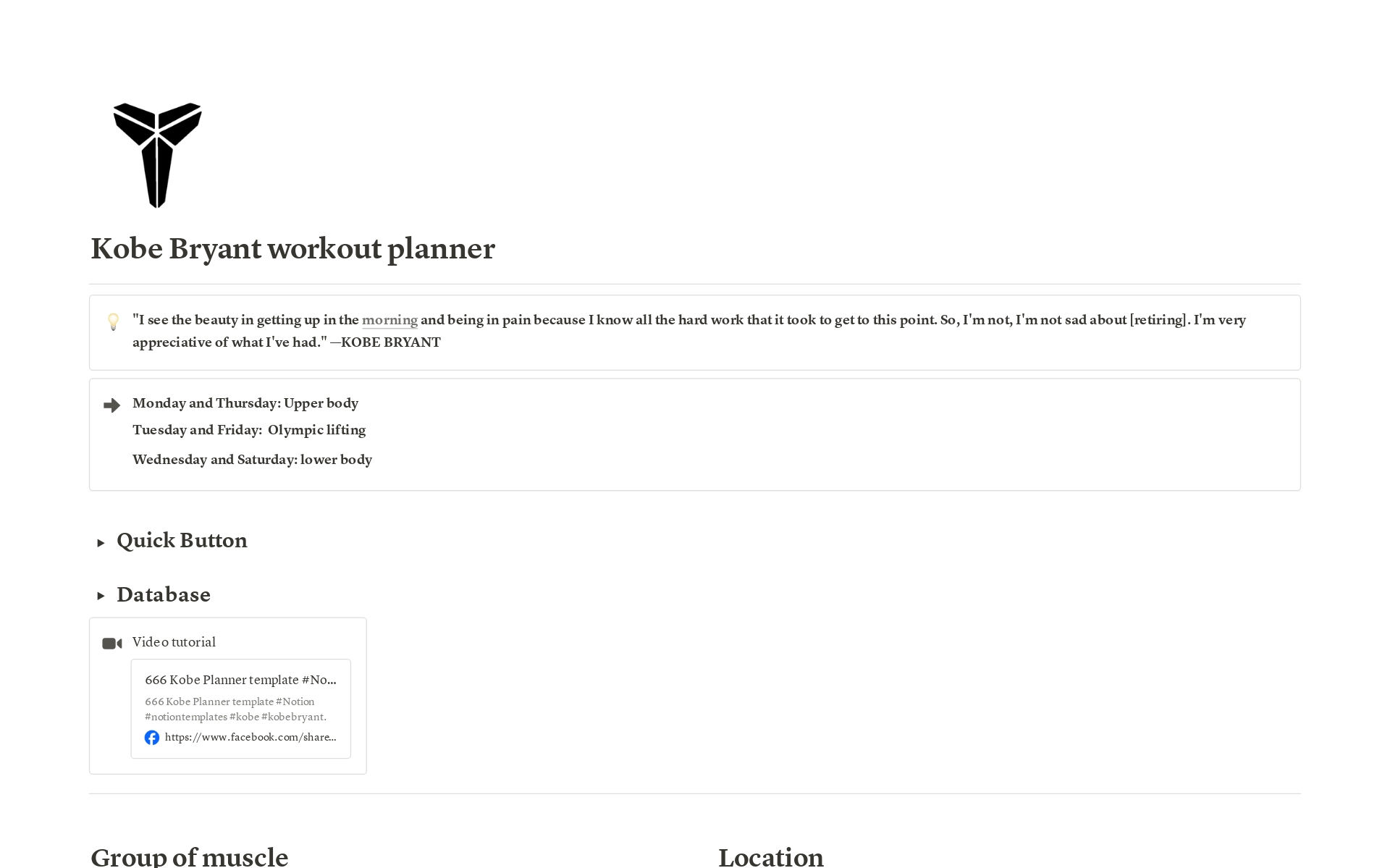 A template preview for Kobe Brayant workout planner