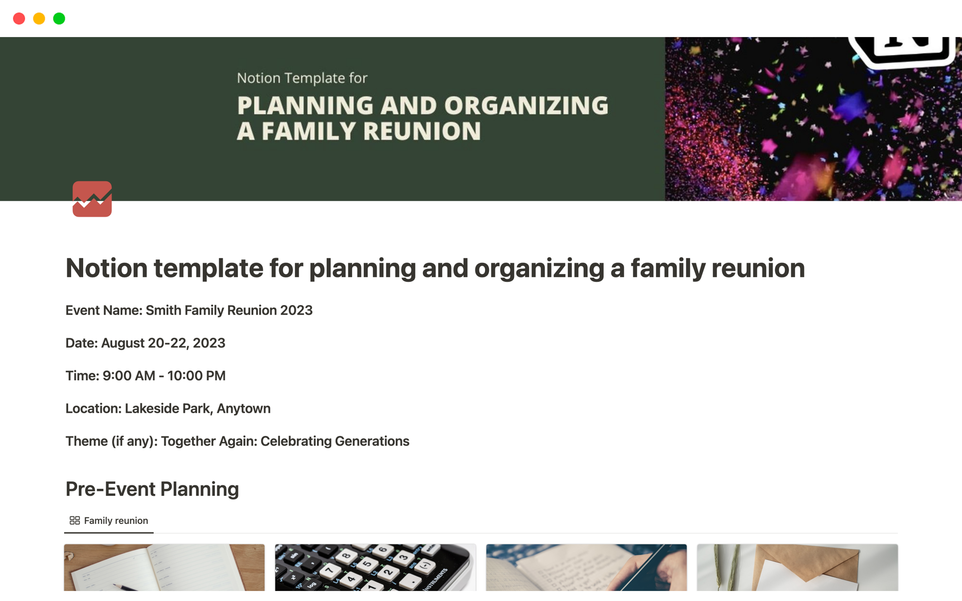 Introducing the ultimate solution for crafting unforgettable family reunions – our meticulously designed Notion template for seamless planning and organizing.