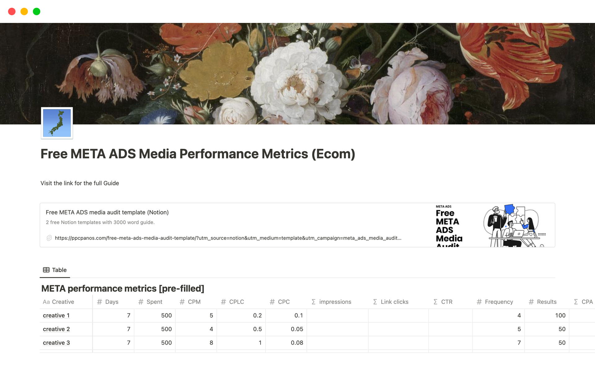 En forhåndsvisning av mal for META ADS Media Performance Metrics (Ecom)