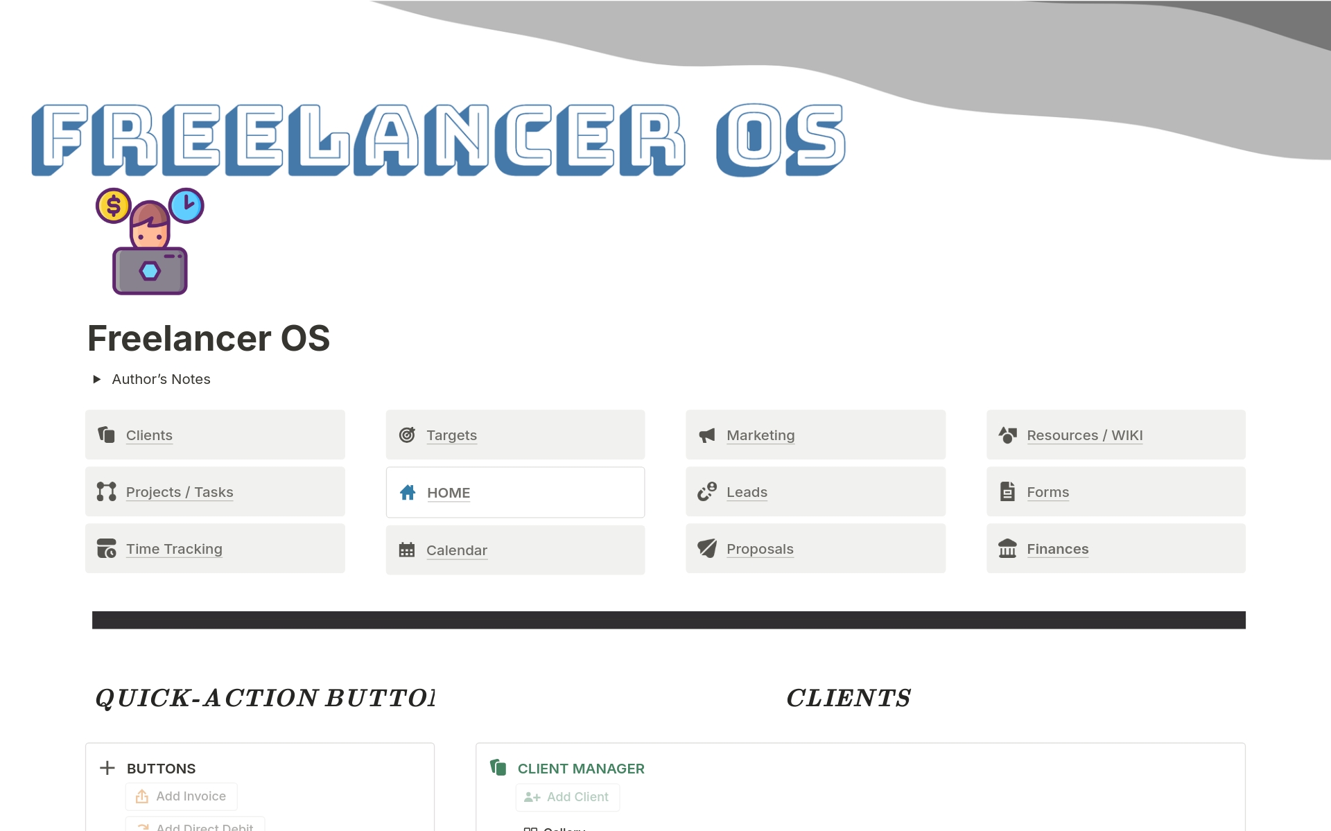 Uma prévia do modelo para Freelancer OS | CRM & Business Manager