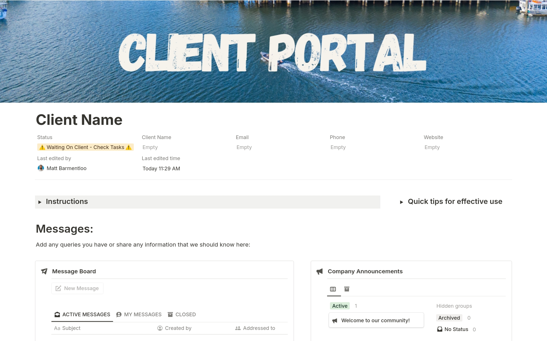 Welcome to the Client Portal Template on Notion, meticulously designed to enhance your interaction with clients through streamlined communication and efficient project management. 