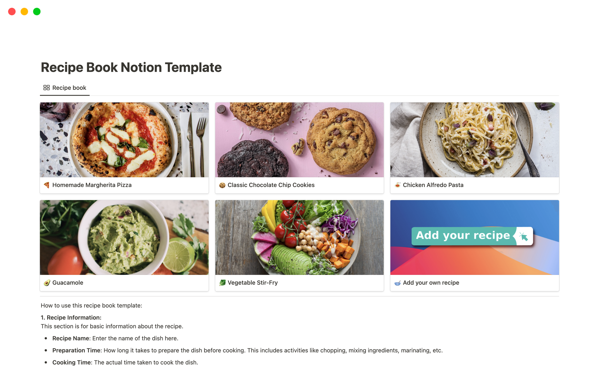 Vista previa de una plantilla para Recipe Book Notion Template