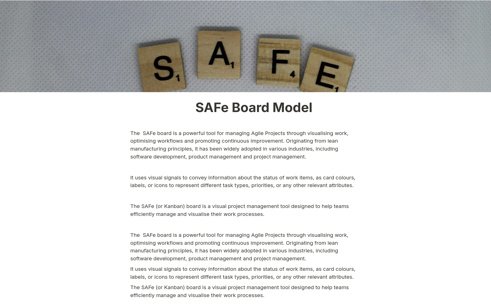 A template preview for SAFe Board Model