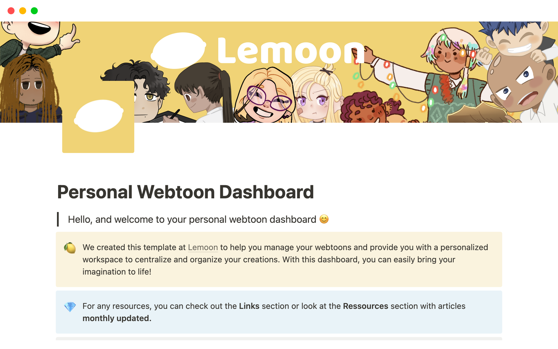 A template preview for Personal Webtoon Dashboard