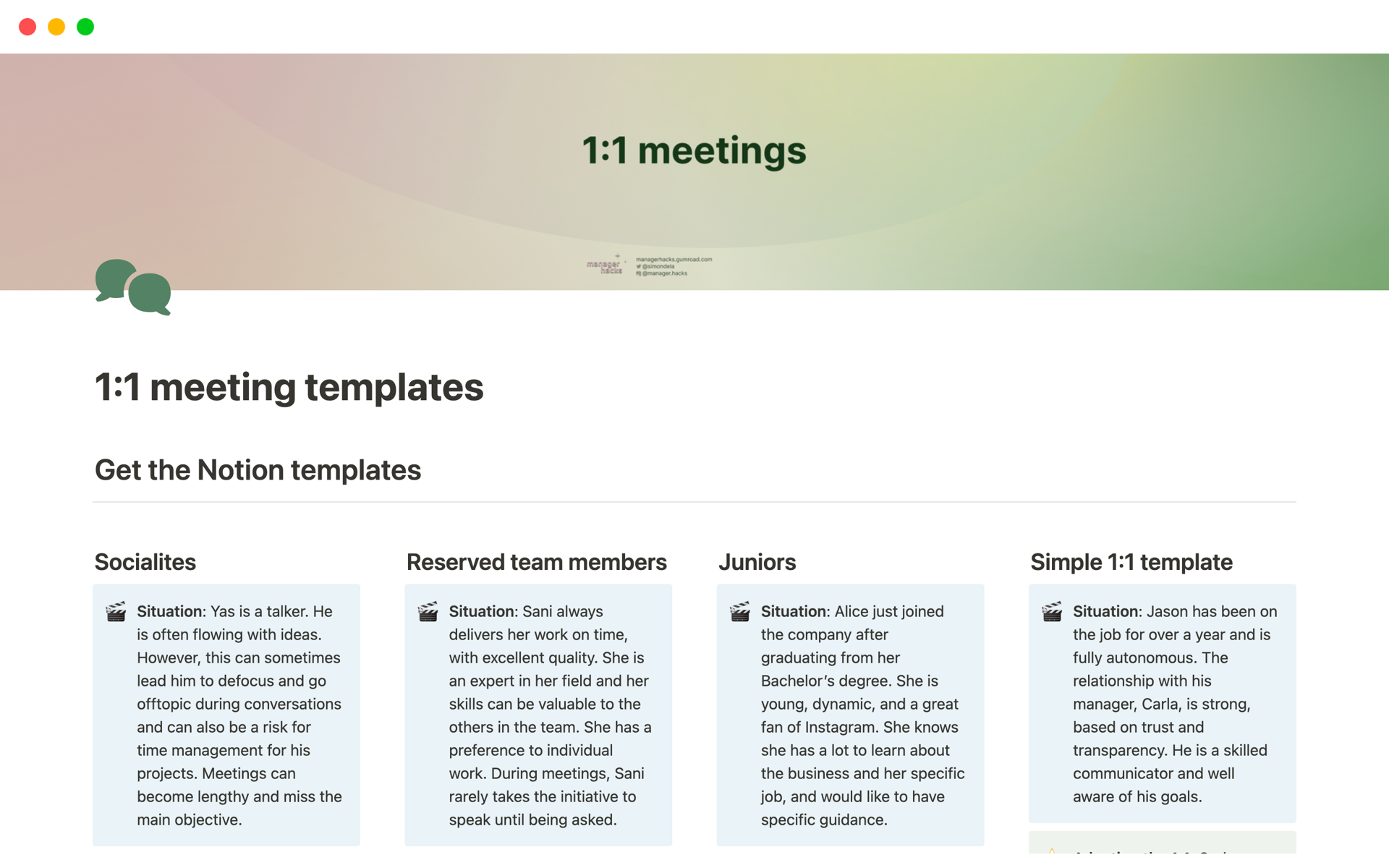 ➡️ 4 templates for 1:1s to fit every employee style and preference for insightful 1:1s with your team (Socialites, Reserved, Junior or Classic)