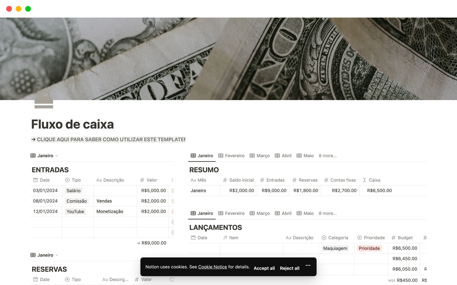 Planilha Financeira (Fluxo de Caixa)のテンプレートのプレビュー
