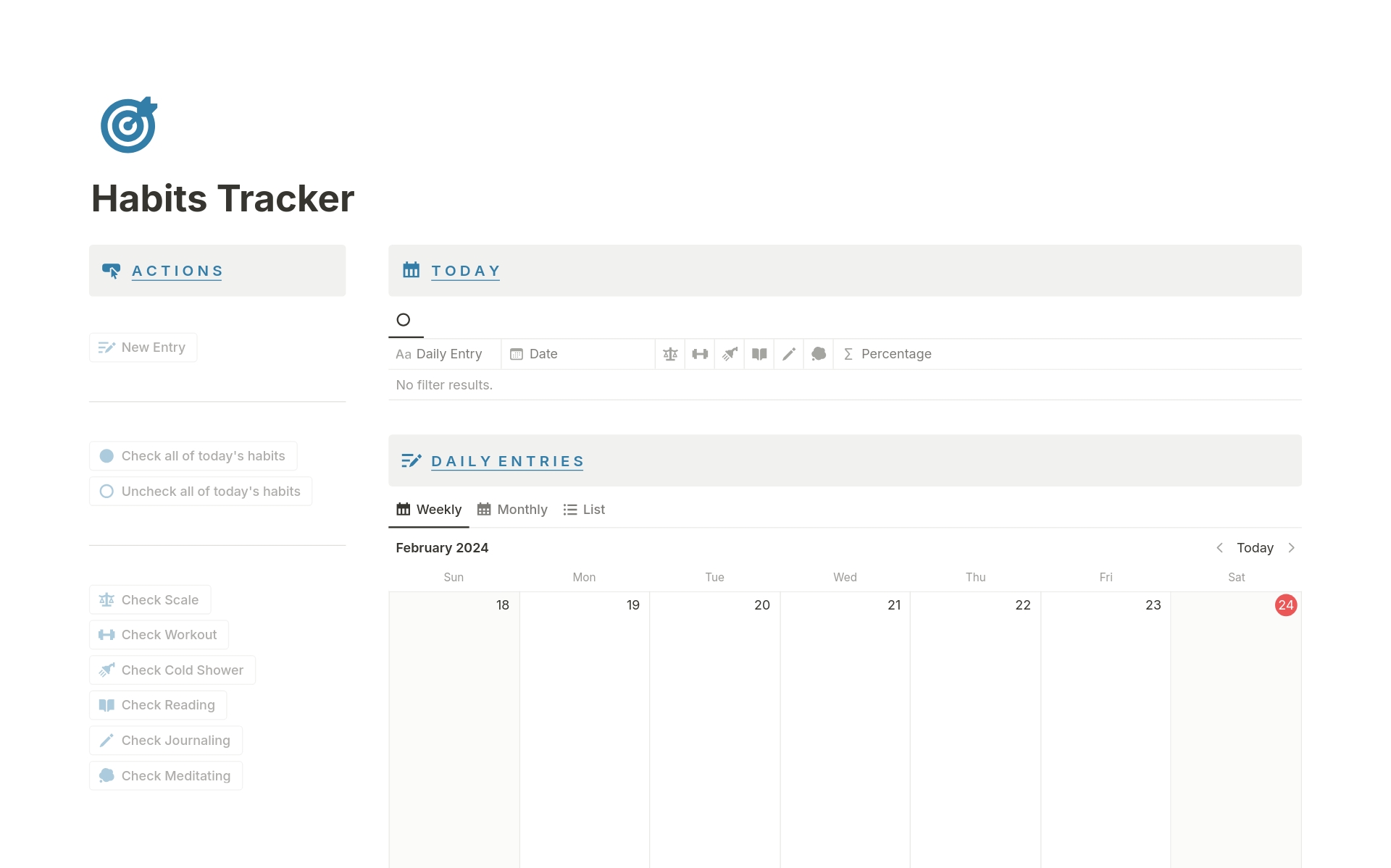 Introducing this Habits Tracker template. An easy way to initiate and maintain your habits! Features include checkbox lists and weekly/monthly views for seamless habit tracking. Utilize buttons to conveniently check and uncheck habits, making progress management a breeze.