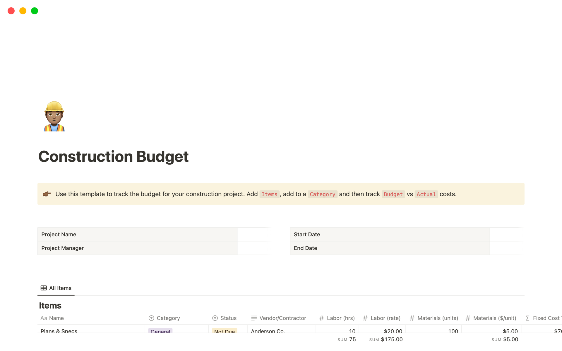 A template preview for Construction Budget