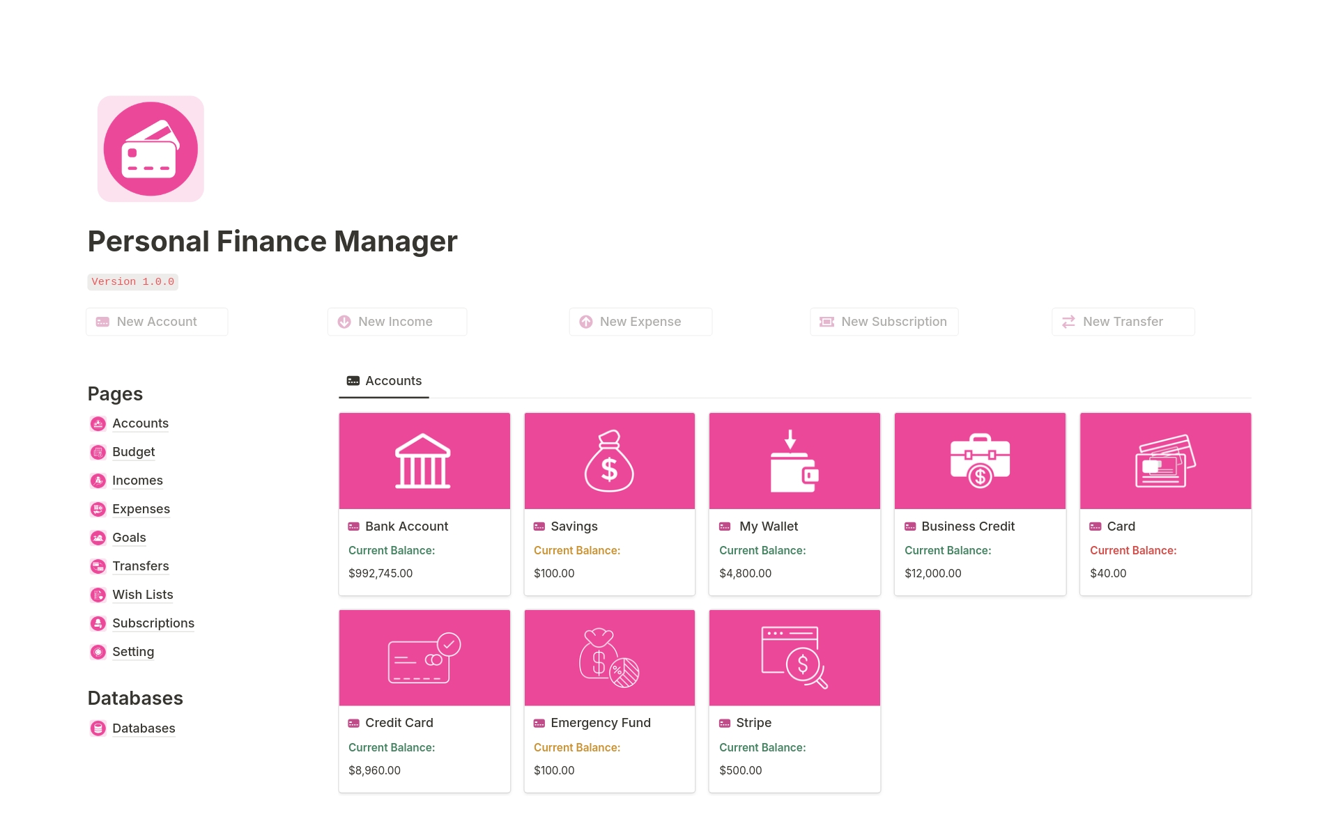 Effortlessly manage your finances with the Notion Personal Finance Manager, featuring seamless income tracking, expense management, subscription oversight, monthly budget planning, wish list organization, and financial goals tracking.