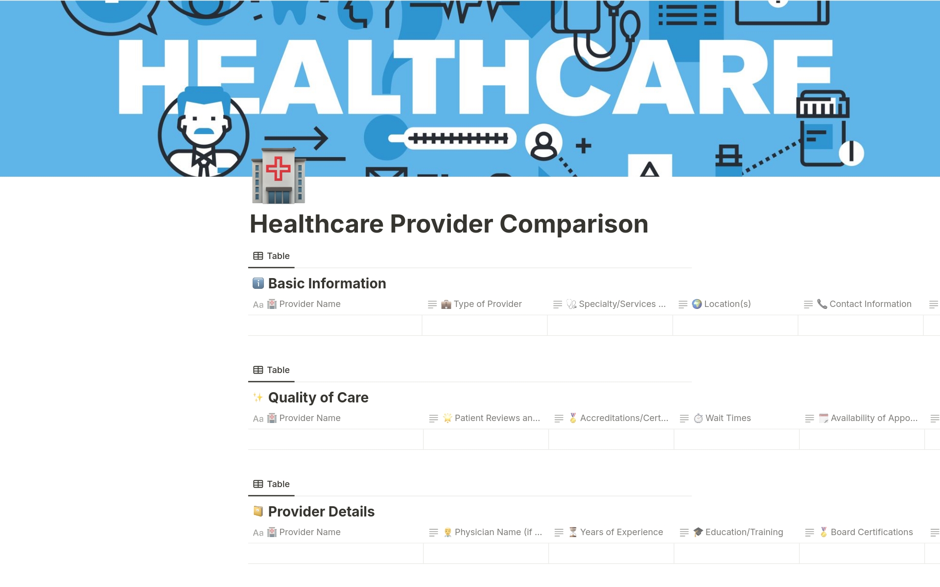 En förhandsgranskning av mallen för Healthcare Provider Comparison