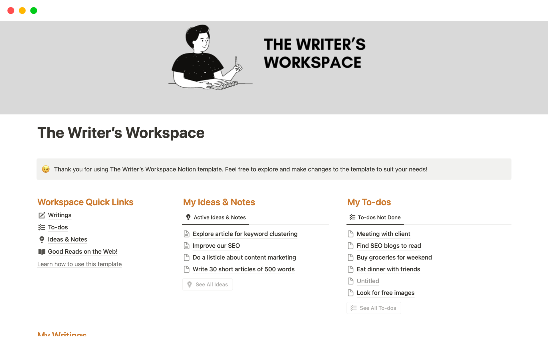 A template preview for The Writer’s Workspace