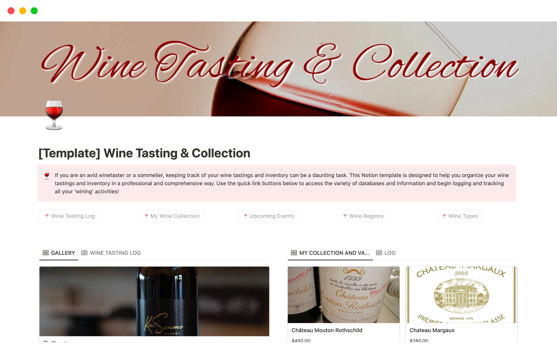 Fully comprehensive wine tasting, wine collection and wine events planning Notion Template