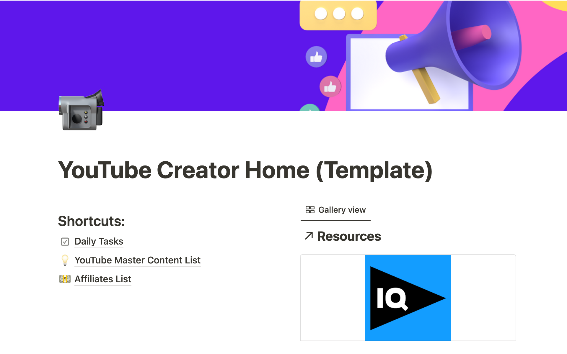 Eine Vorlagenvorschau für Content Creator Planner