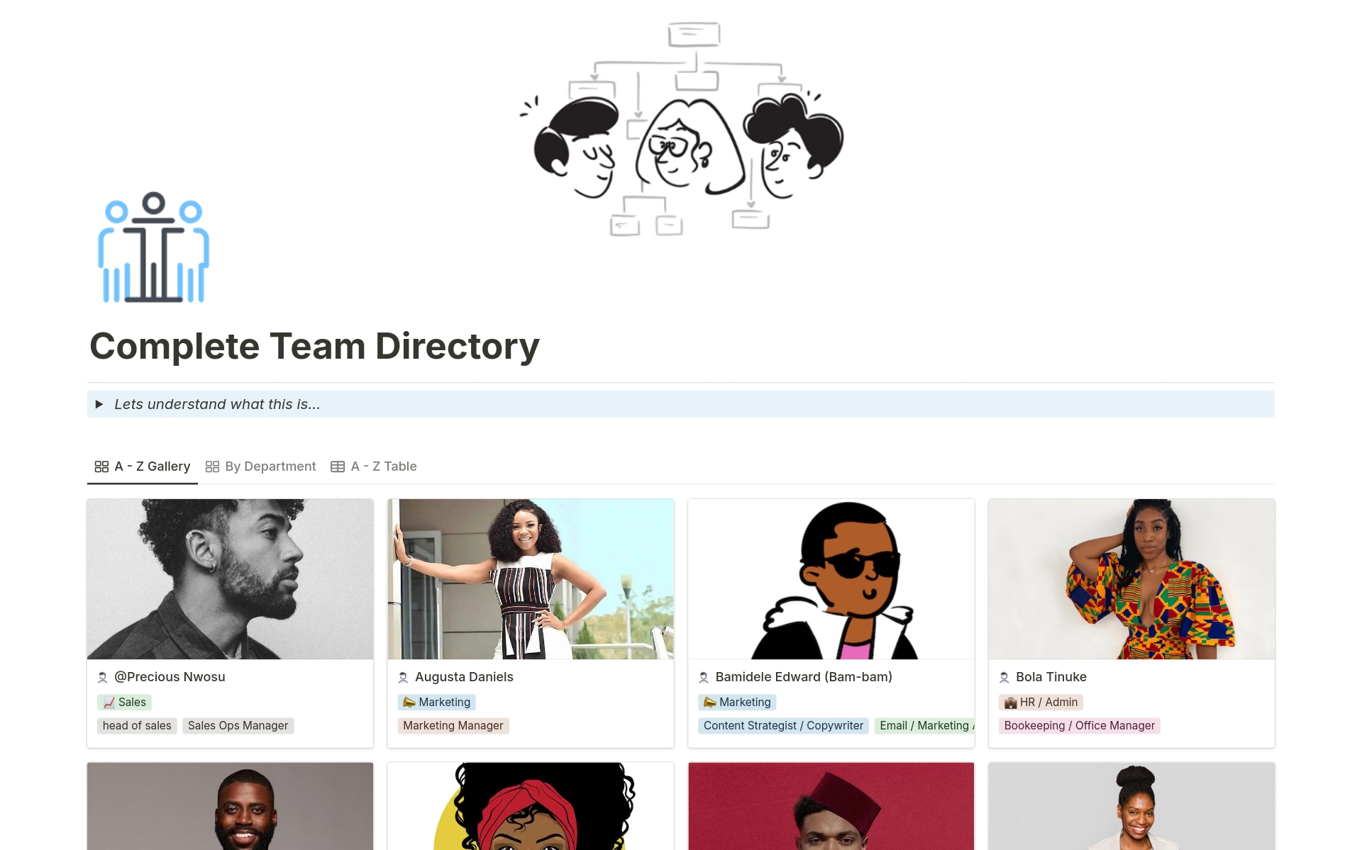 A template preview for Detailed Team Directory (Employees & Contractors)