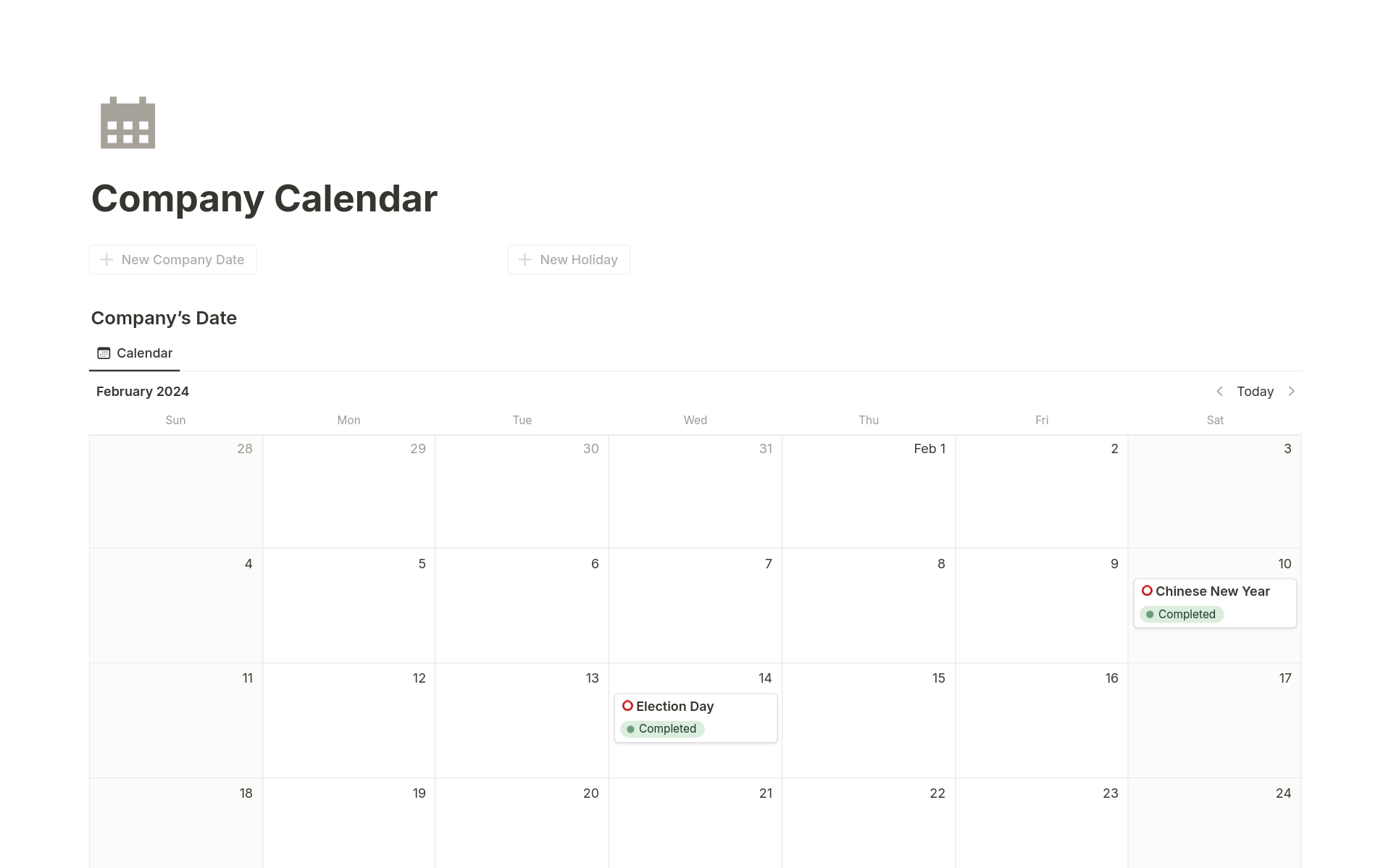 A template preview for Company Calendar & Holiday