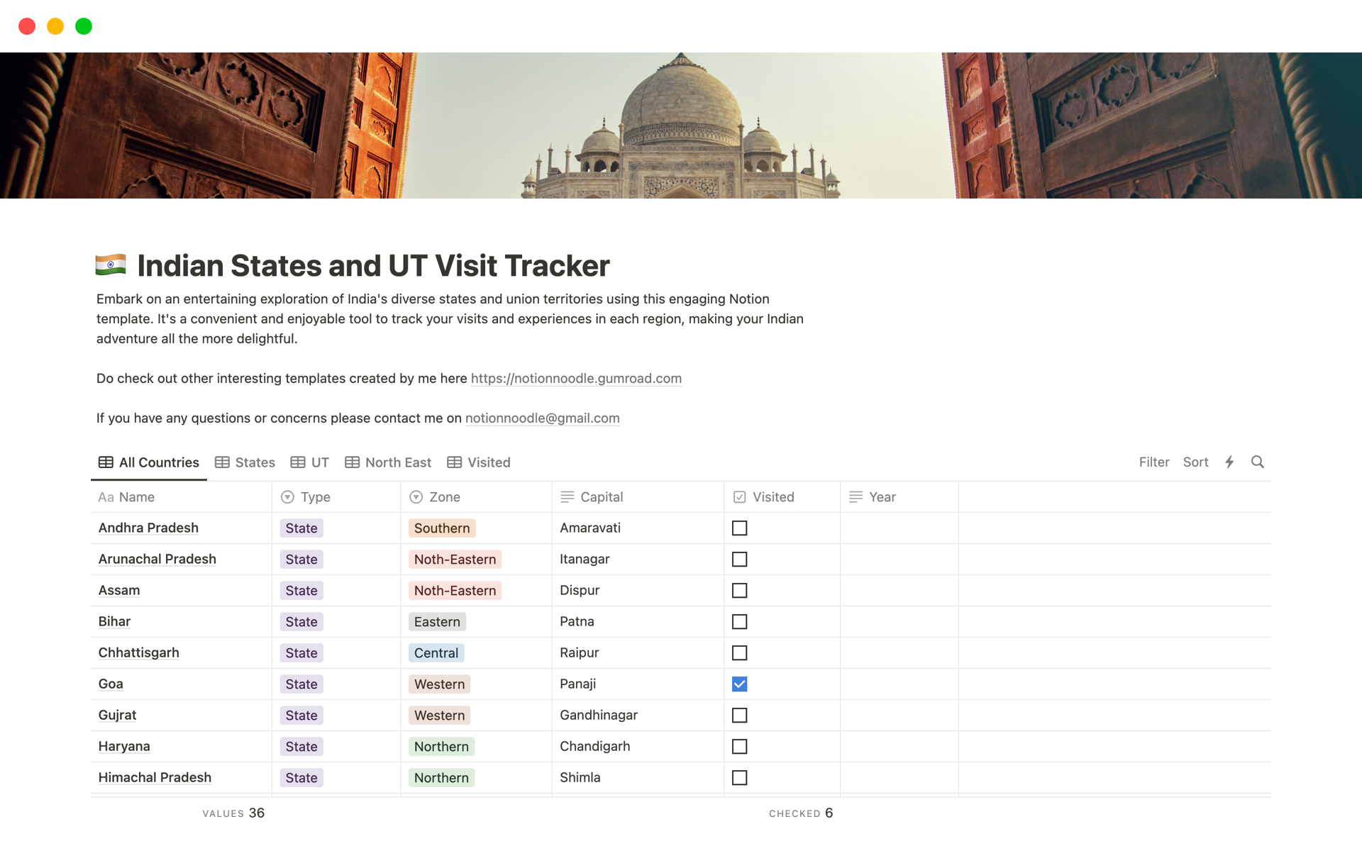 A template preview for Indian States and UT Visit Tracker
