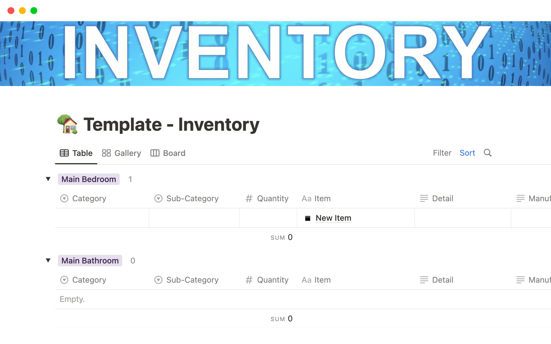 A template preview for Household Inventory