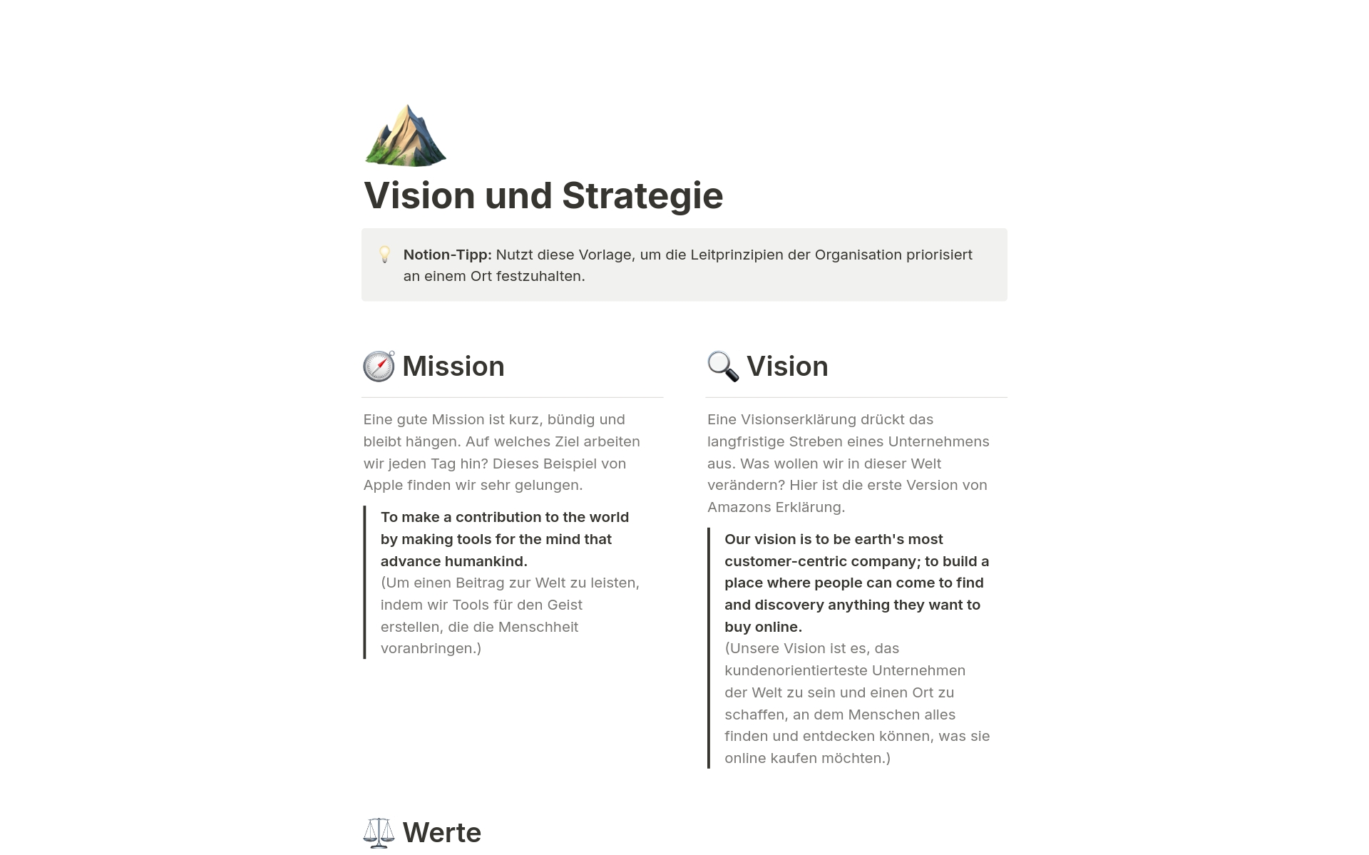 Eine Vorlagenvorschau für Vision und Strategie