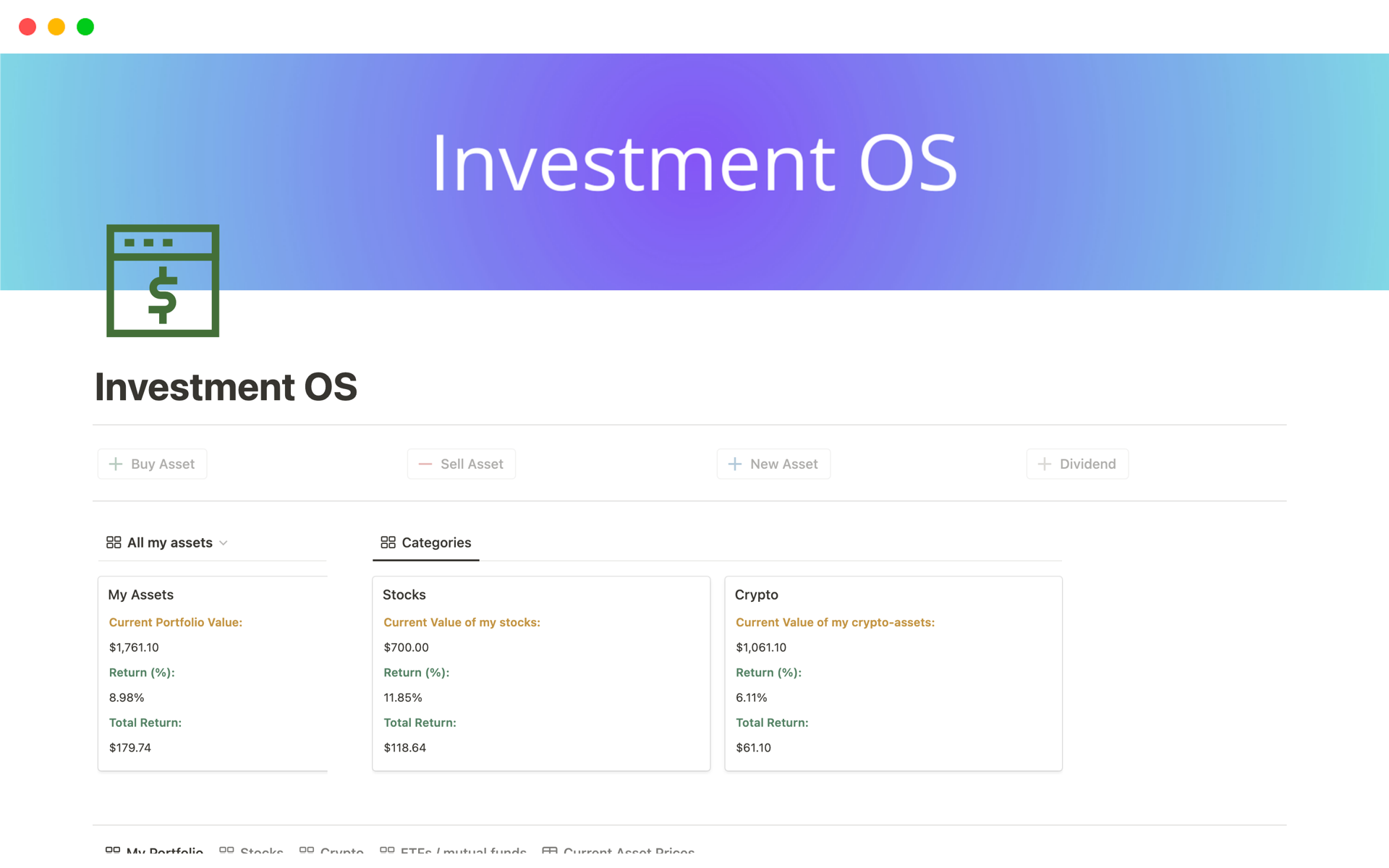 Eine Vorlagenvorschau für Investment OS