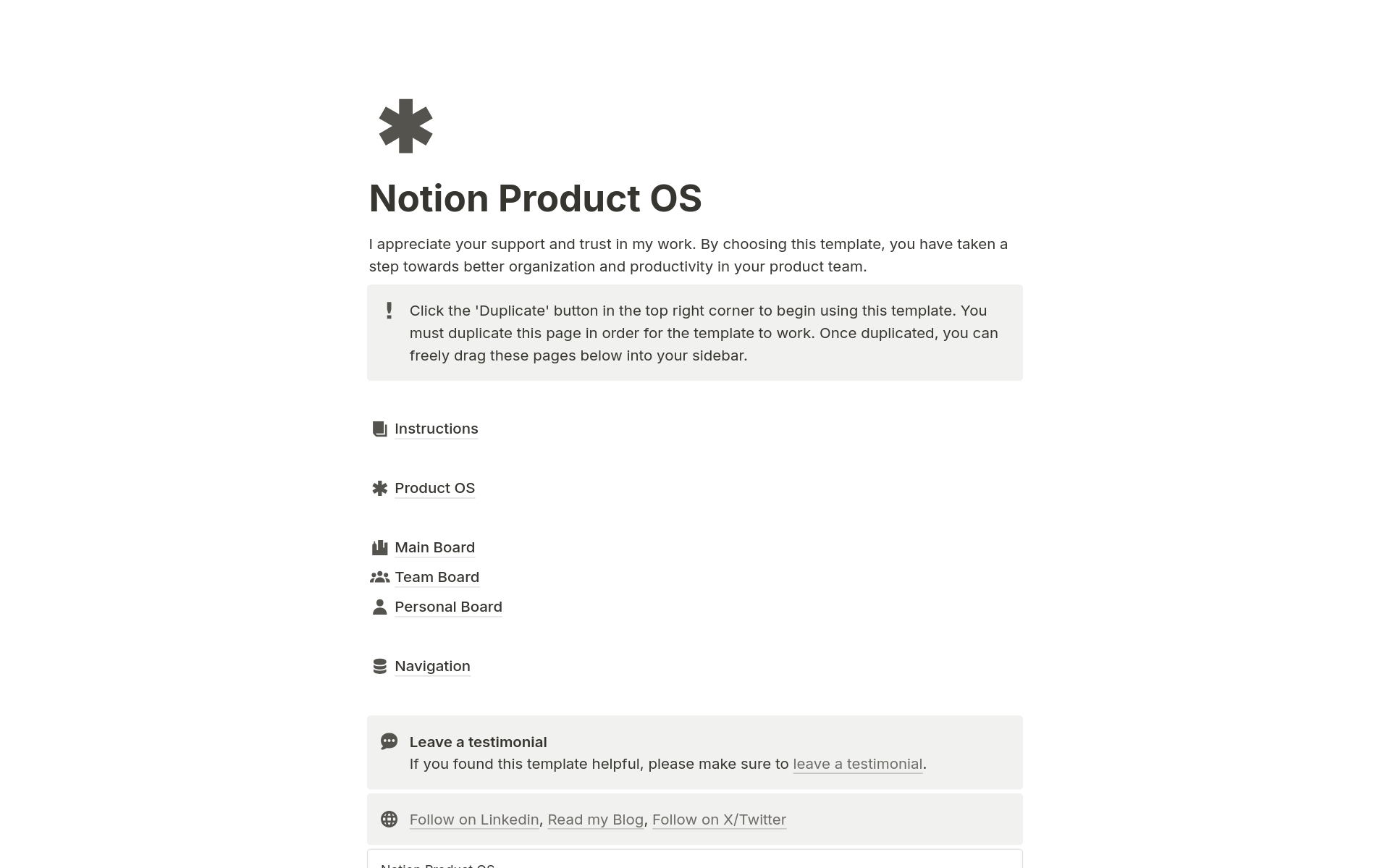 A template preview for Product OS