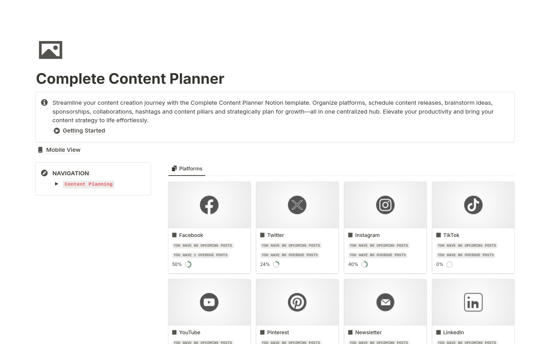 Streamline your content creation journey with the Complete Content Planner Notion template. Organize platforms, schedule content releases, brainstorm ideas, sponsorships, collaborations, hashtags and content pillars and strategically plan for growth—all in one centralized hub. 