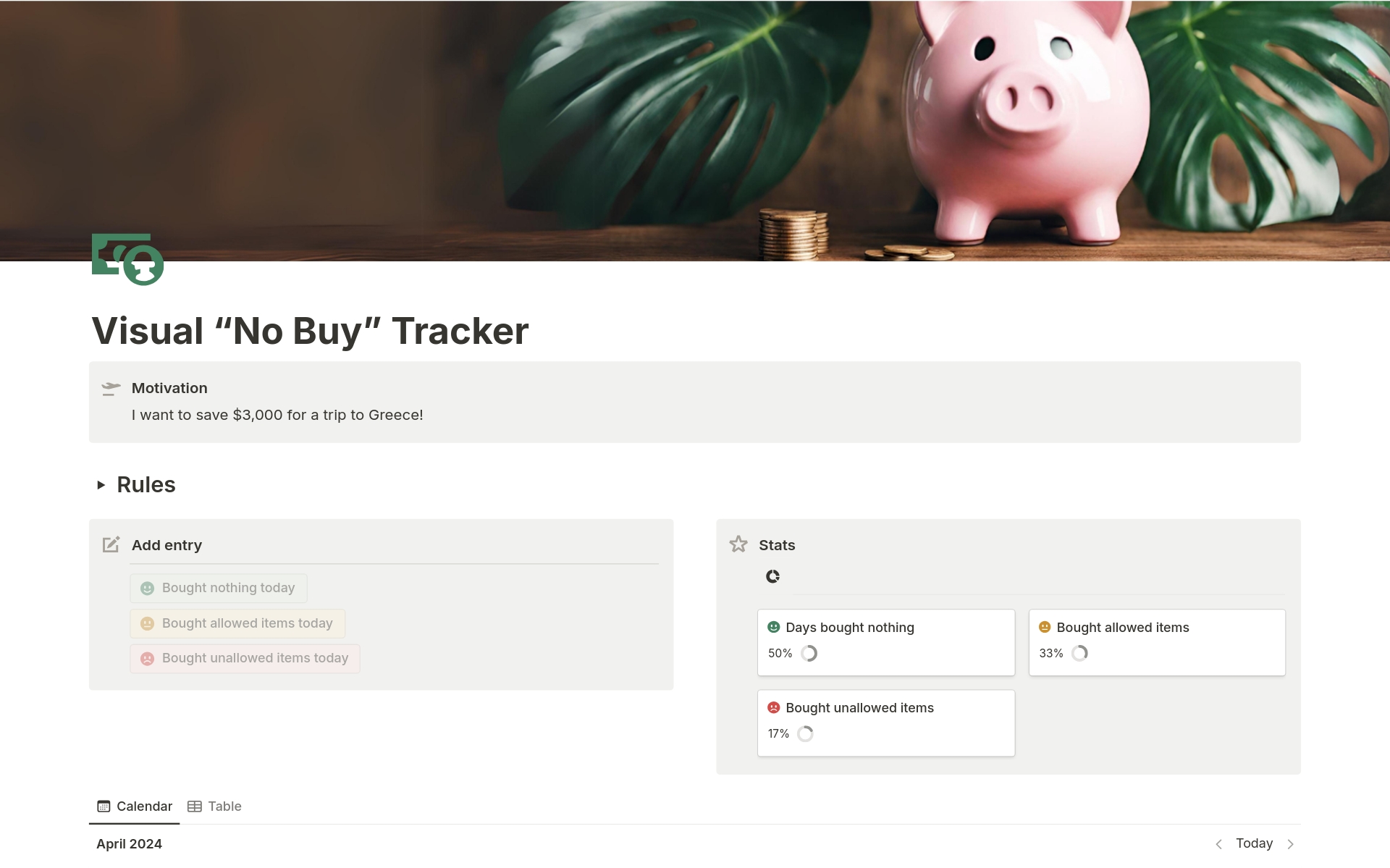 A template preview for Visual "No Buy" Tracker