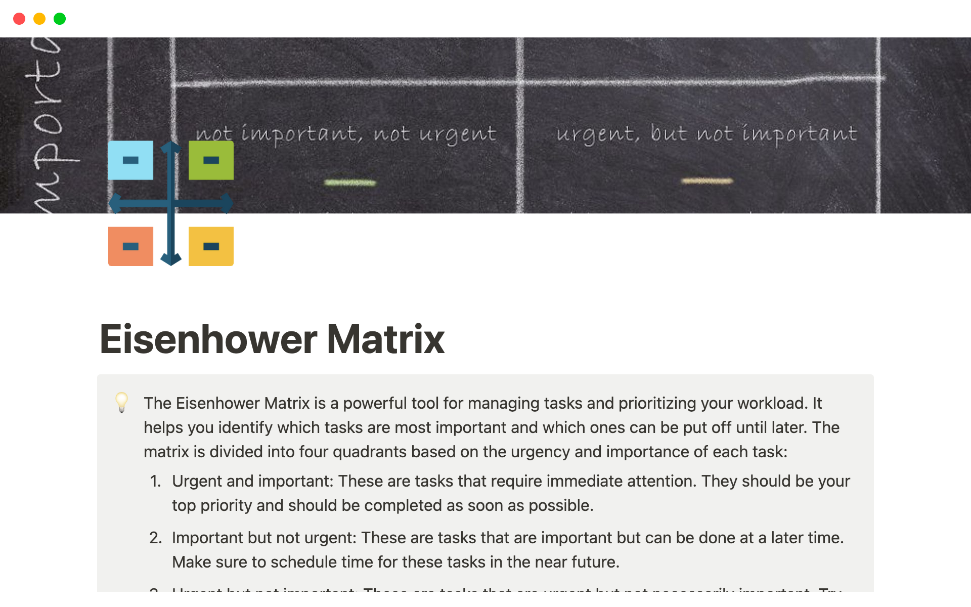 Optimize your task management and increase your productivity with our customizable Eisenhower Matrix template for Notion.