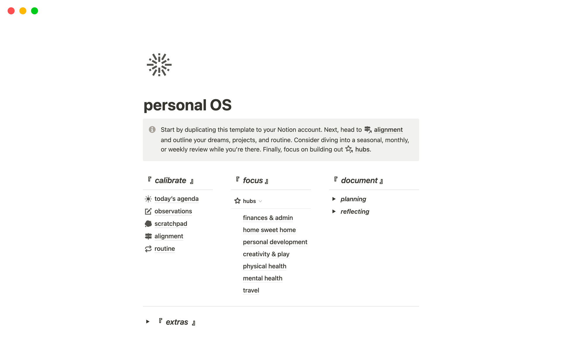 A template preview for Personal Operating System