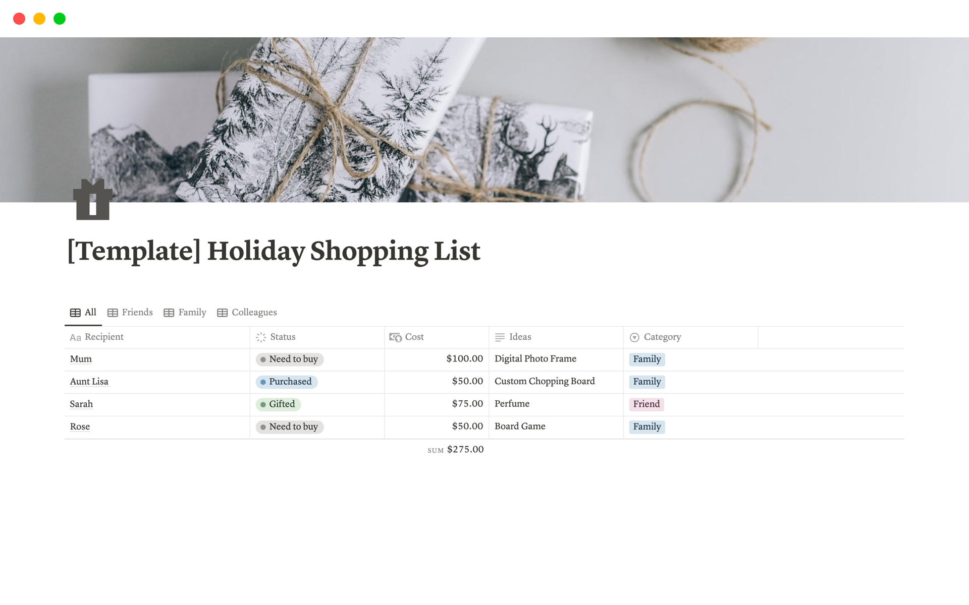 A template preview for Holiday Shopping List | Christmas Gift Tracker
