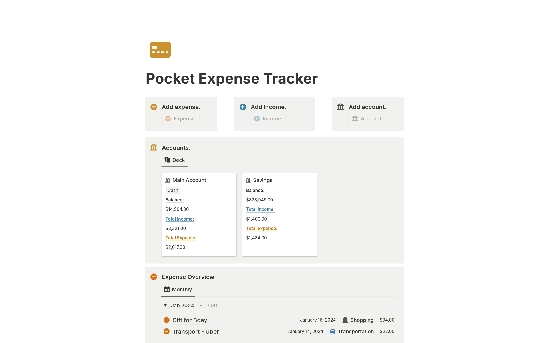 Vista previa de una plantilla para Pocket Expense Tracker