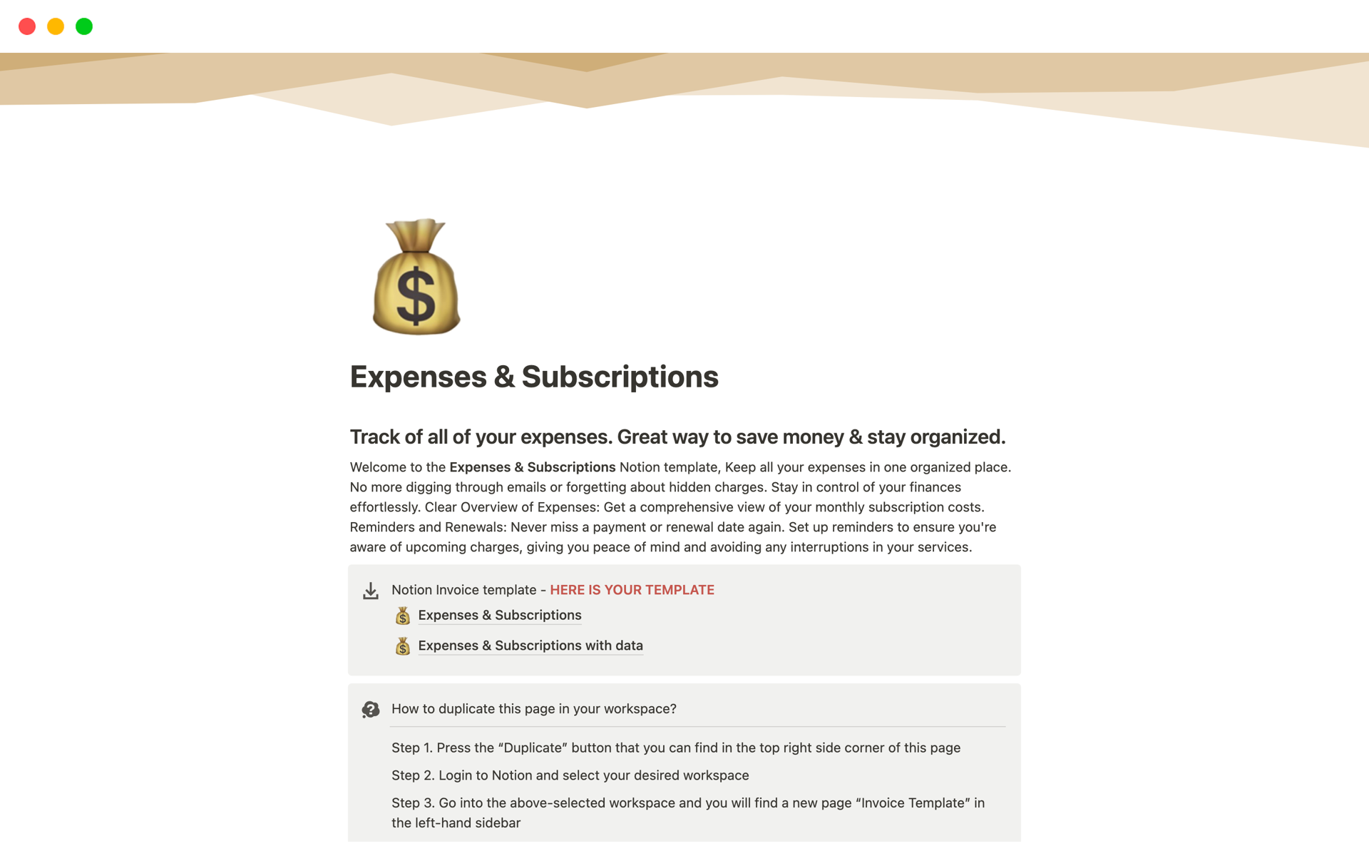 A template preview for Expenses & Subscriptions
