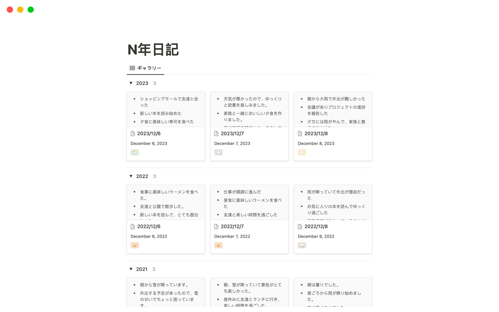 Vista previa de una plantilla para N年日記