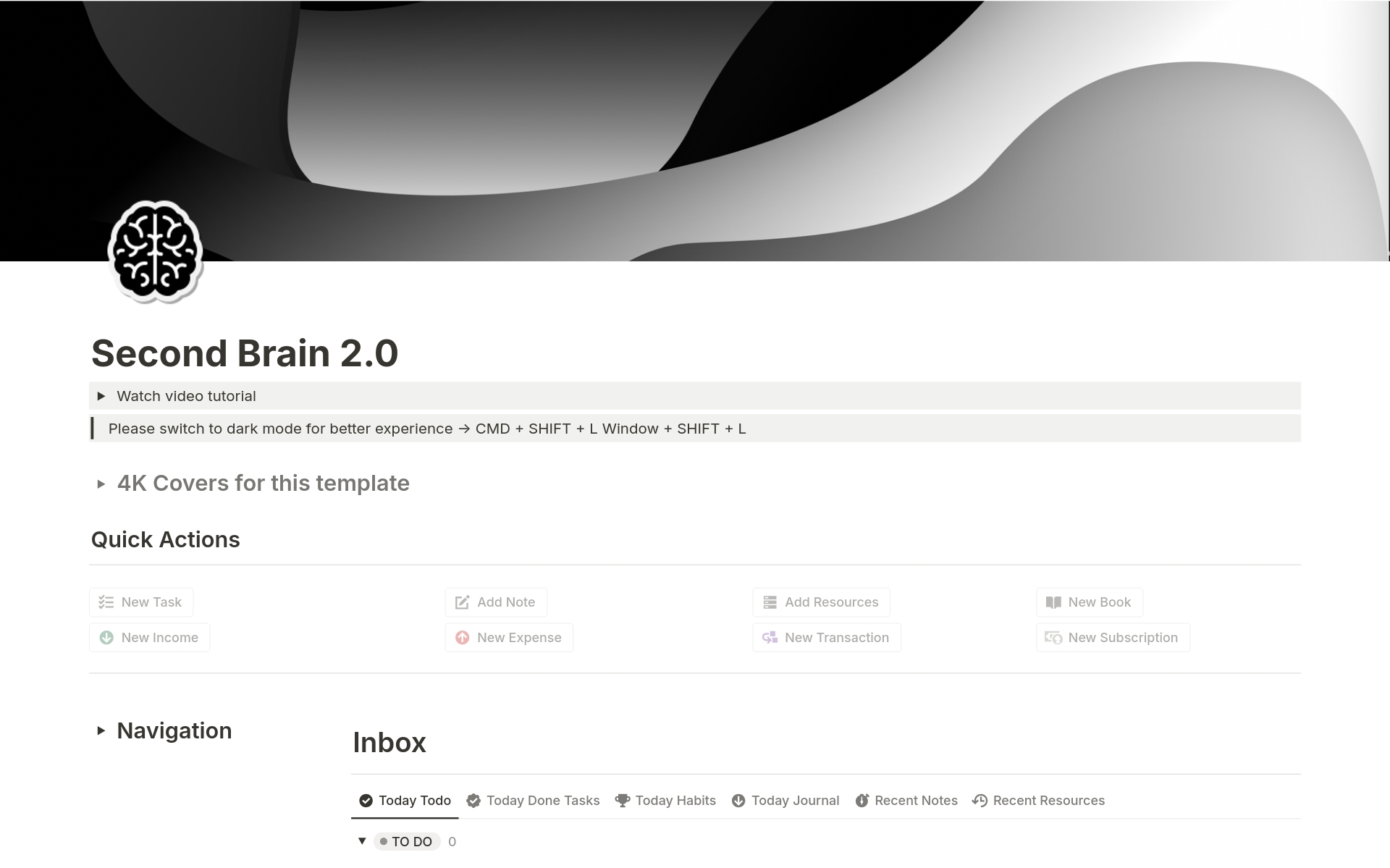 Second Brain 2.0 (black & white)のテンプレートのプレビュー
