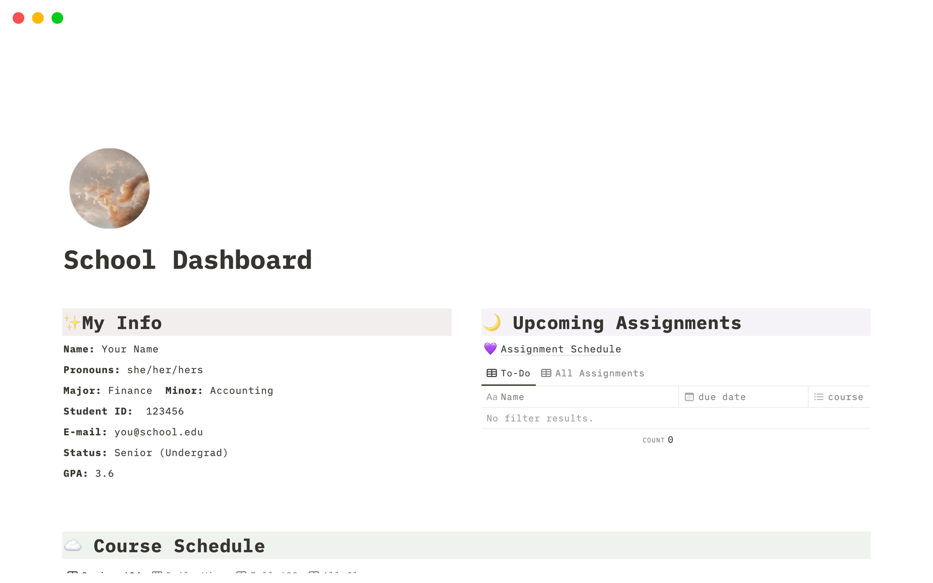 Cute dashboard that will help you keep track of assignments, your exam schedule, your class notes, etc all in one place.