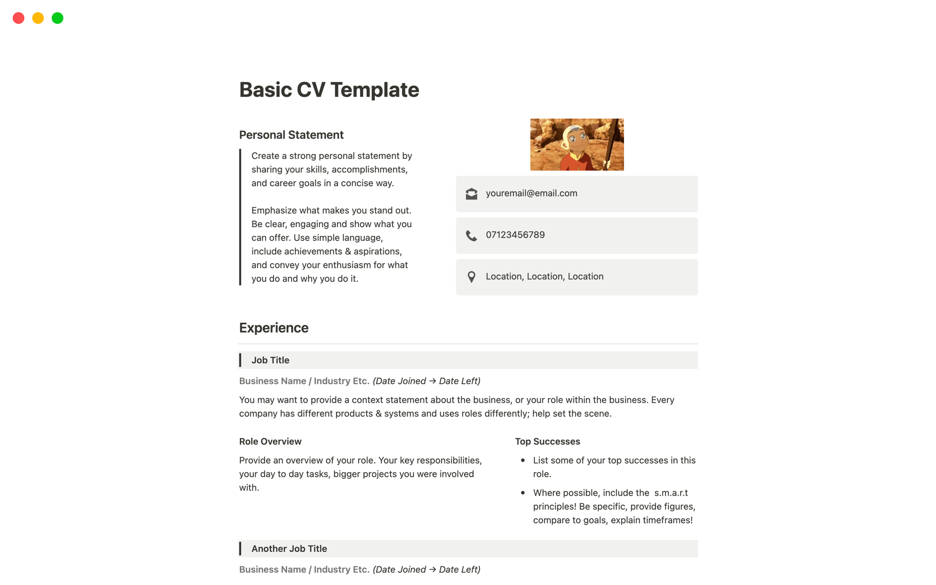 A template preview for Basic CV