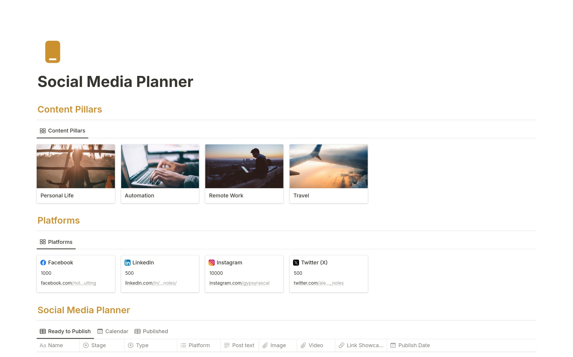 Better manage your social media and bring all of your social platforms into one tool.

Say goodbye to a scattered social schedule—now you can manage your social presence without the headaches.

This template offers everything you need to schedule, plan, and manage your content ef