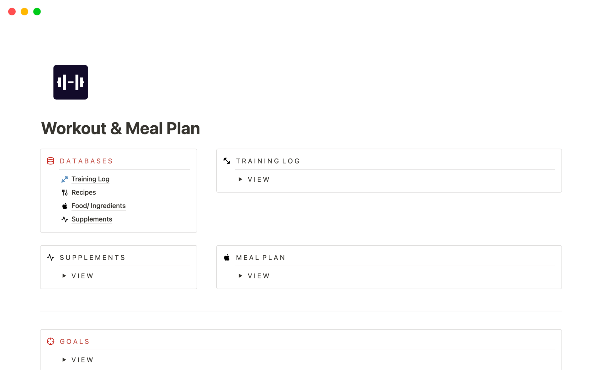 A template preview for Workout & Meal Plan