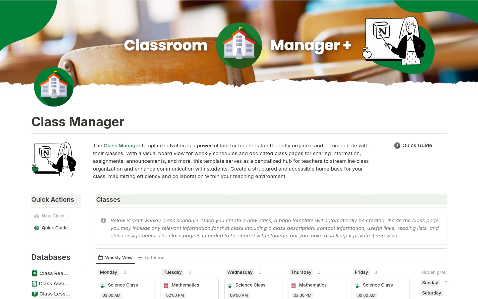 Uma prévia do modelo para Classroom Manager for Teachers