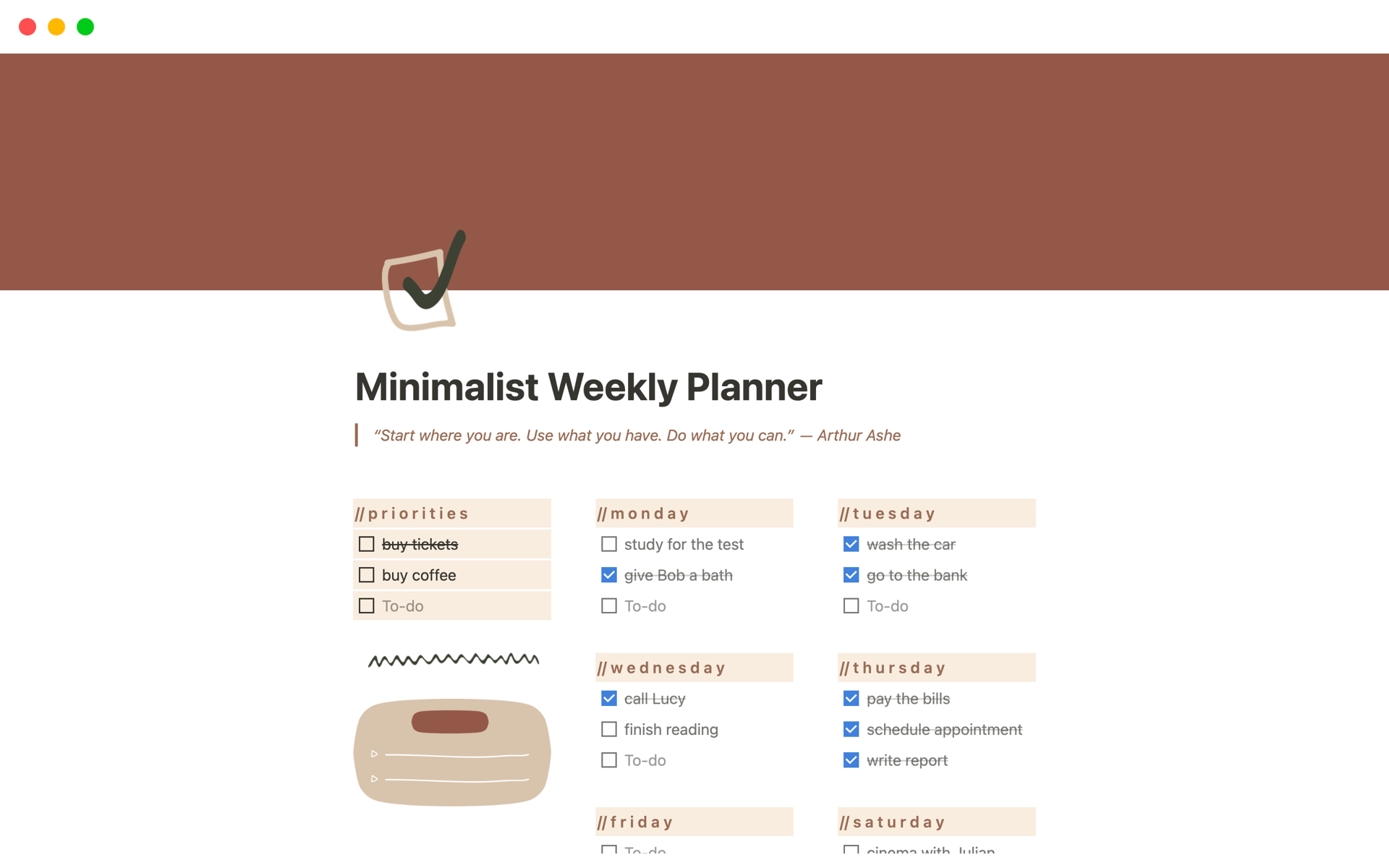Minimalist template to organize weekly activities.