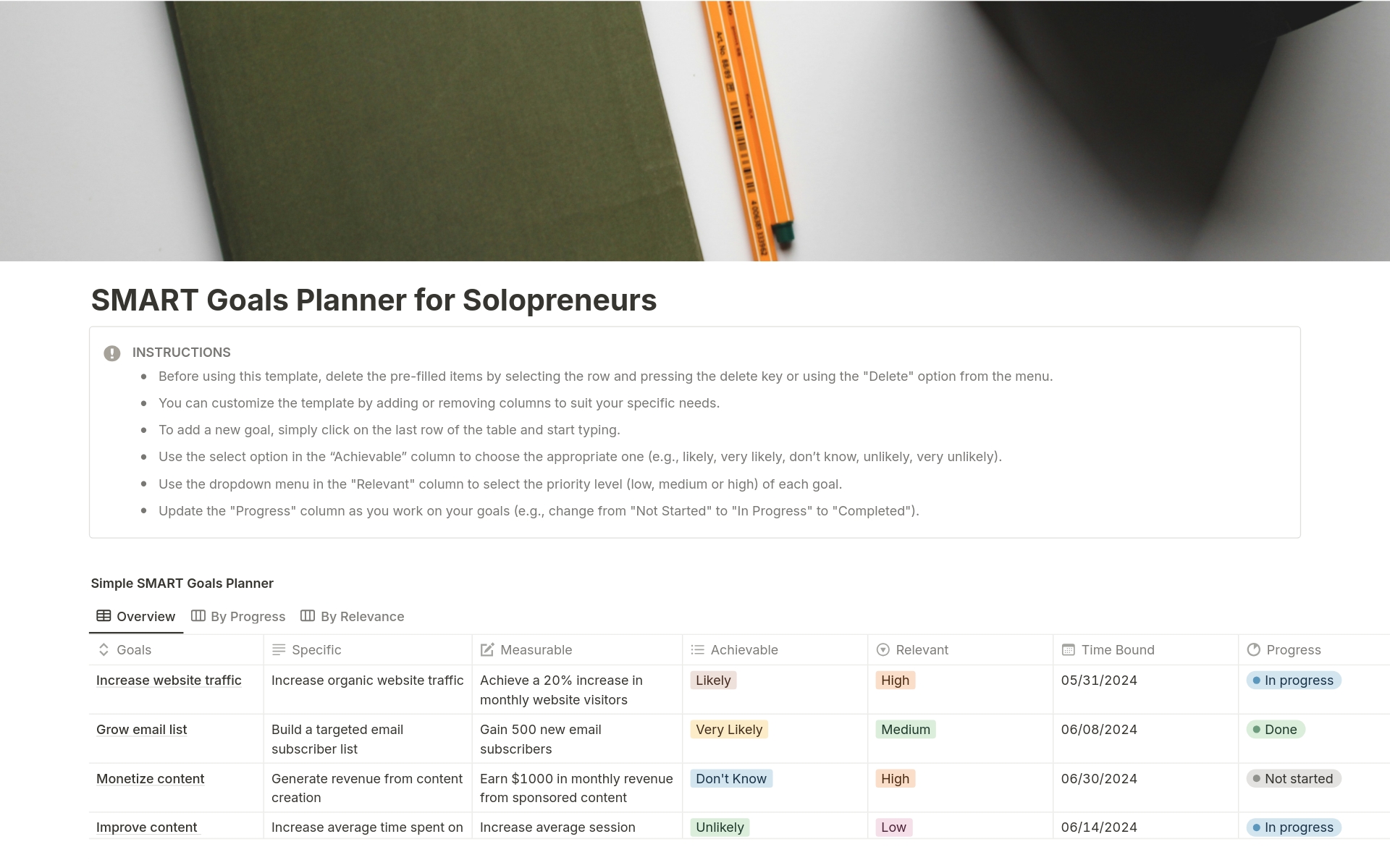 Vista previa de plantilla para SMART Goals Planner for Solopreneurs