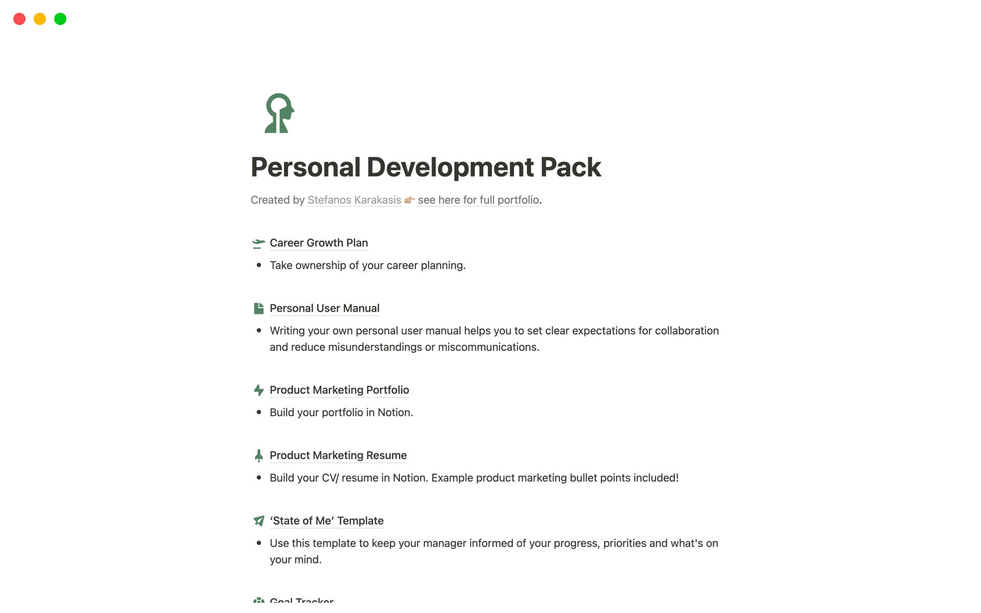 A template preview for Stefanos's Productivity Pack