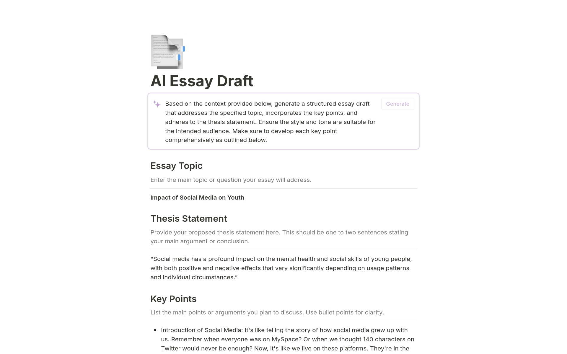 Wave goodbye to the dread of the blank page and the frustration of writer's block with this AI Essay Draft Template. Designed to seamlessly integrate  Notion AI into your essay writing process, this template is the ultimate tool for students, researchers, and professionals alike.