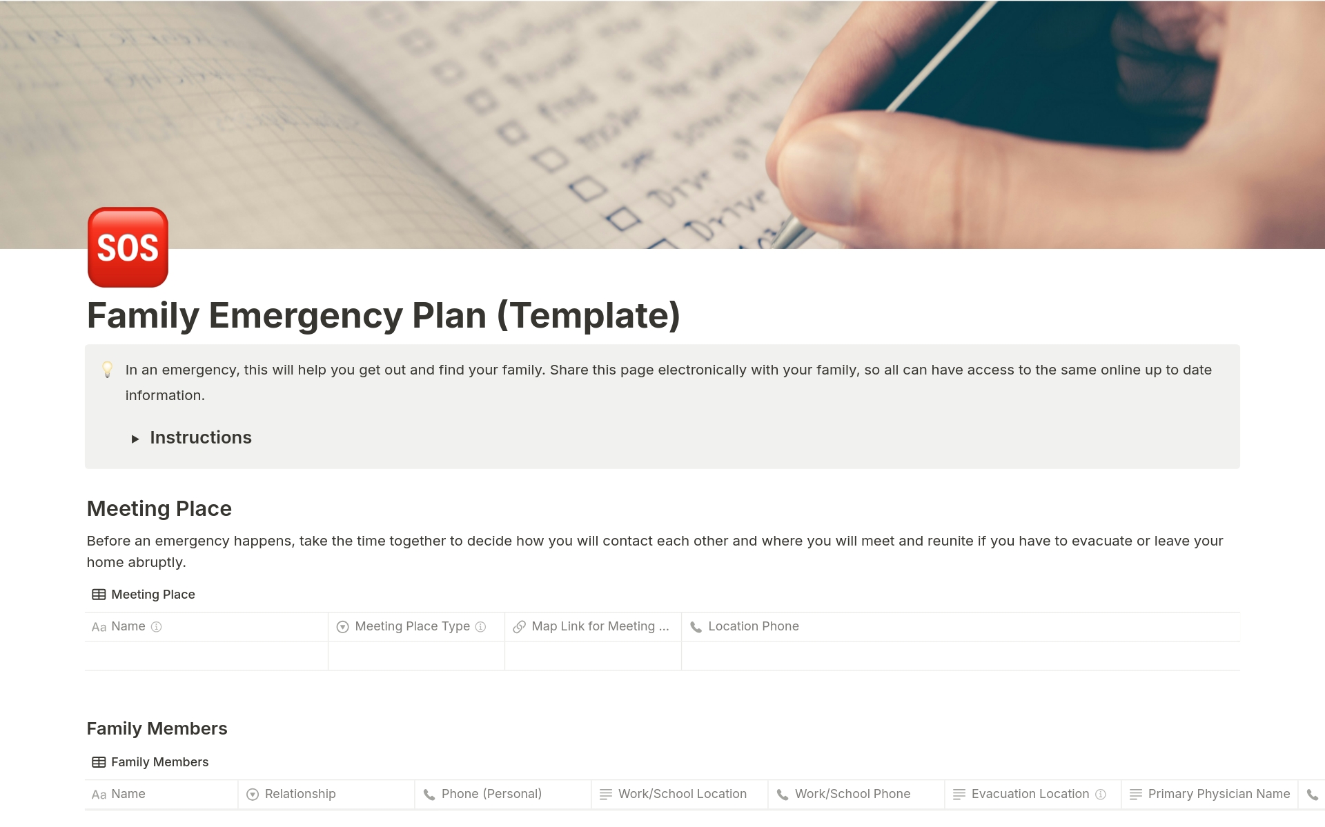 A template preview for Family Emergency Plan