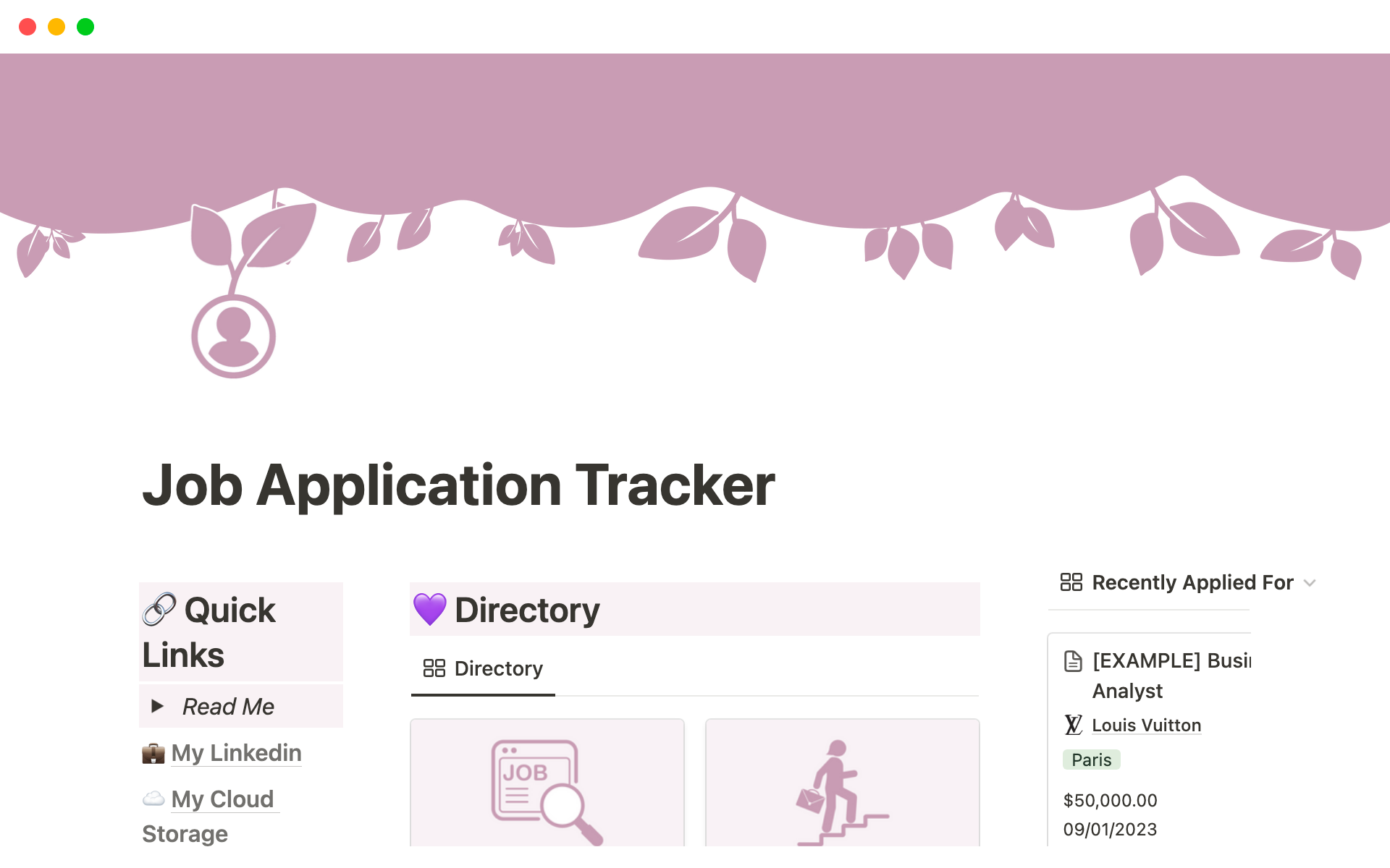 En forhåndsvisning av mal for Notion Job Application Tracker