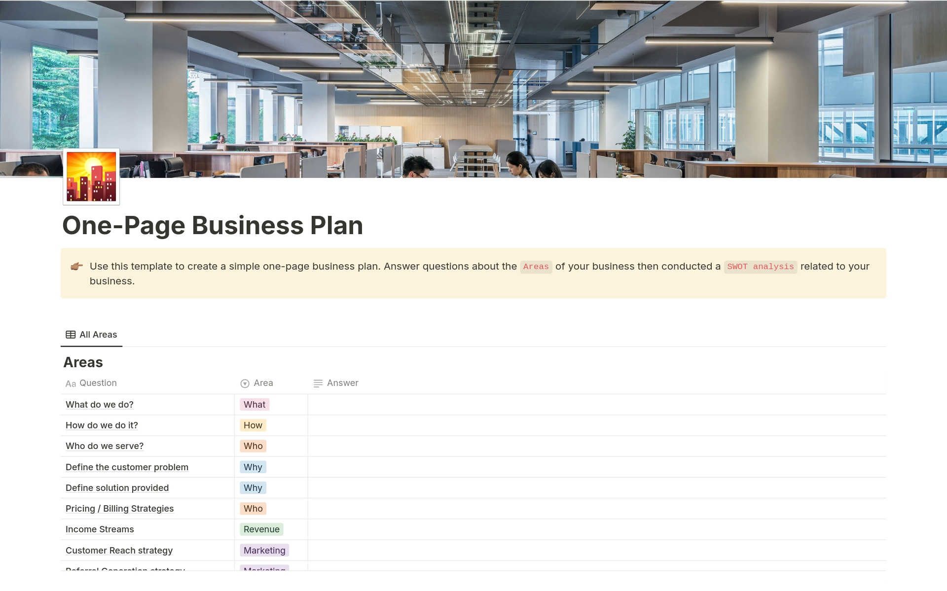 One-Page Business Planのテンプレートのプレビュー