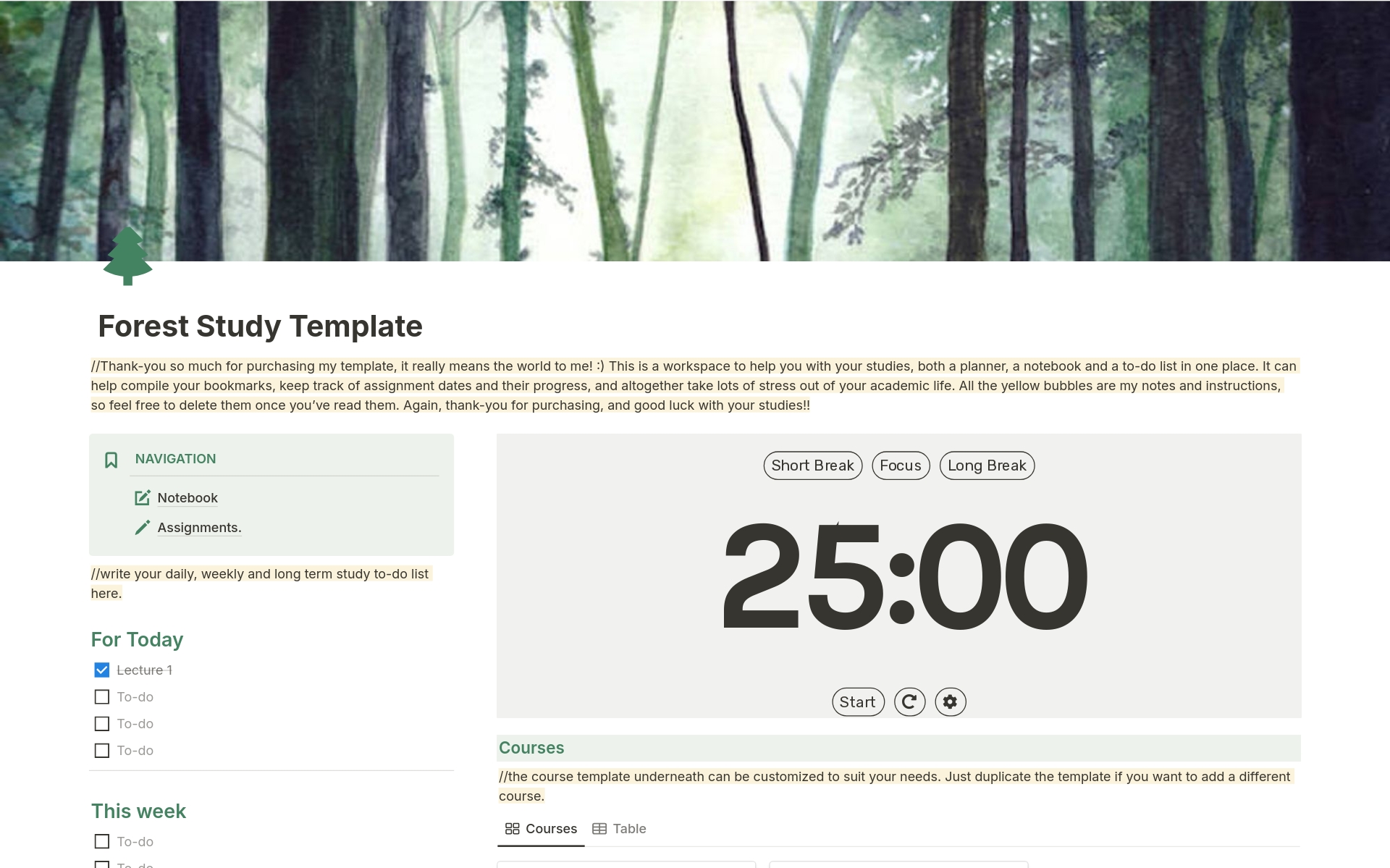 A template preview for Forest Aesthetic Study Planner