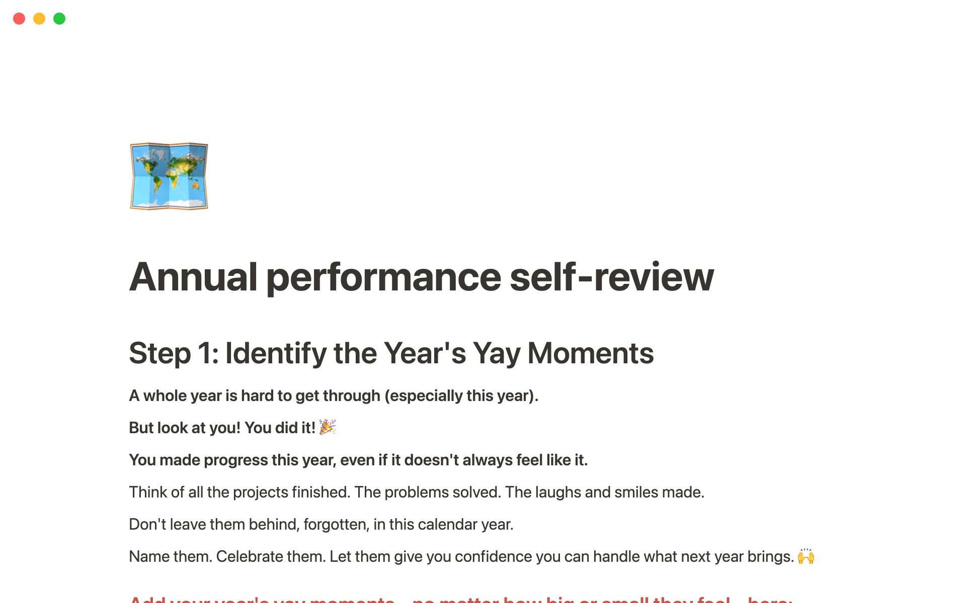 Vista previa de una plantilla para Annual performance self-review