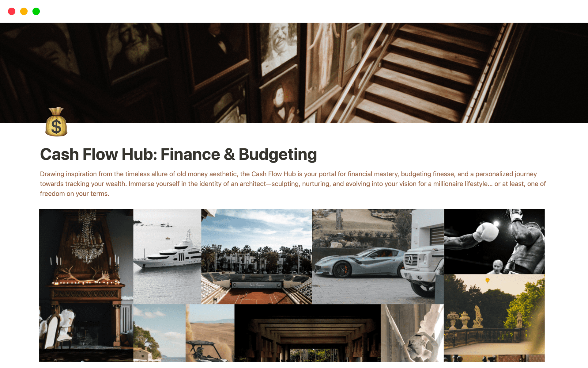 The Cash Flow Hub, inspired by old money aesthetic, offers a Notion template for financial mastery, offering tools like an Account Overview, Income Snapshot, Expenses Snapshot, Streams of Income, and more in a Notion template for tracking wealth and lifestyle goals.